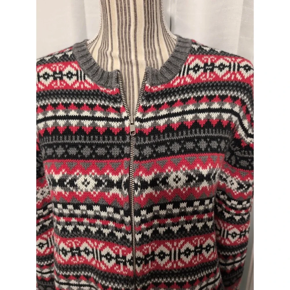 Skyr Cardigan Women Medium Red Black Fair Isle Full Zip Sweater Cottage Y2K Boho